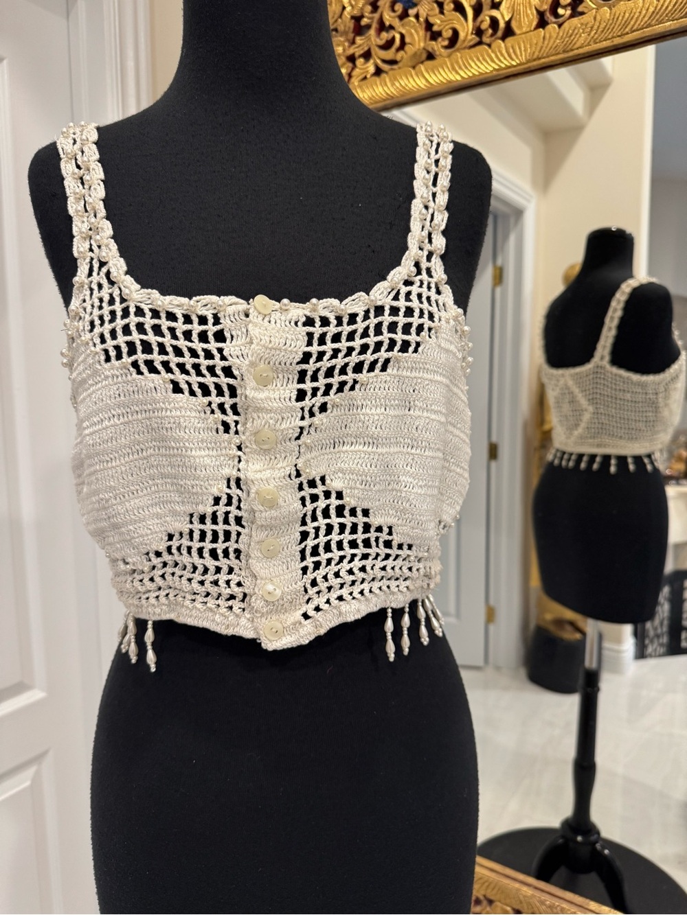 Cream Crochet Button-Front Camisole with Beaded Fringe